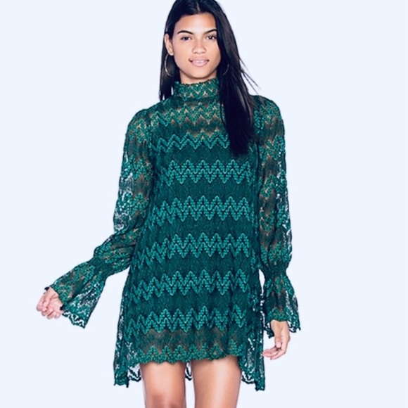 Free People Womens Holiday Green Simone Mock Neck Lace Mini Dress Medium - Picture 1 of 2